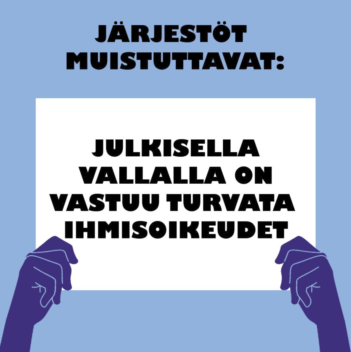 Valtiolla ja julkisella vallalla on velvoite kunnioittaa, suojella ja toteuttaa jokaisen perus- ja ihmisoikeuksia. Hallitusohjelmaan on kirjattava suunnitelma perus- ja ihmisoikeusvelvoitteiden toimeenpanemiseksi! #ihmisoikeudet #hallitusohjelma