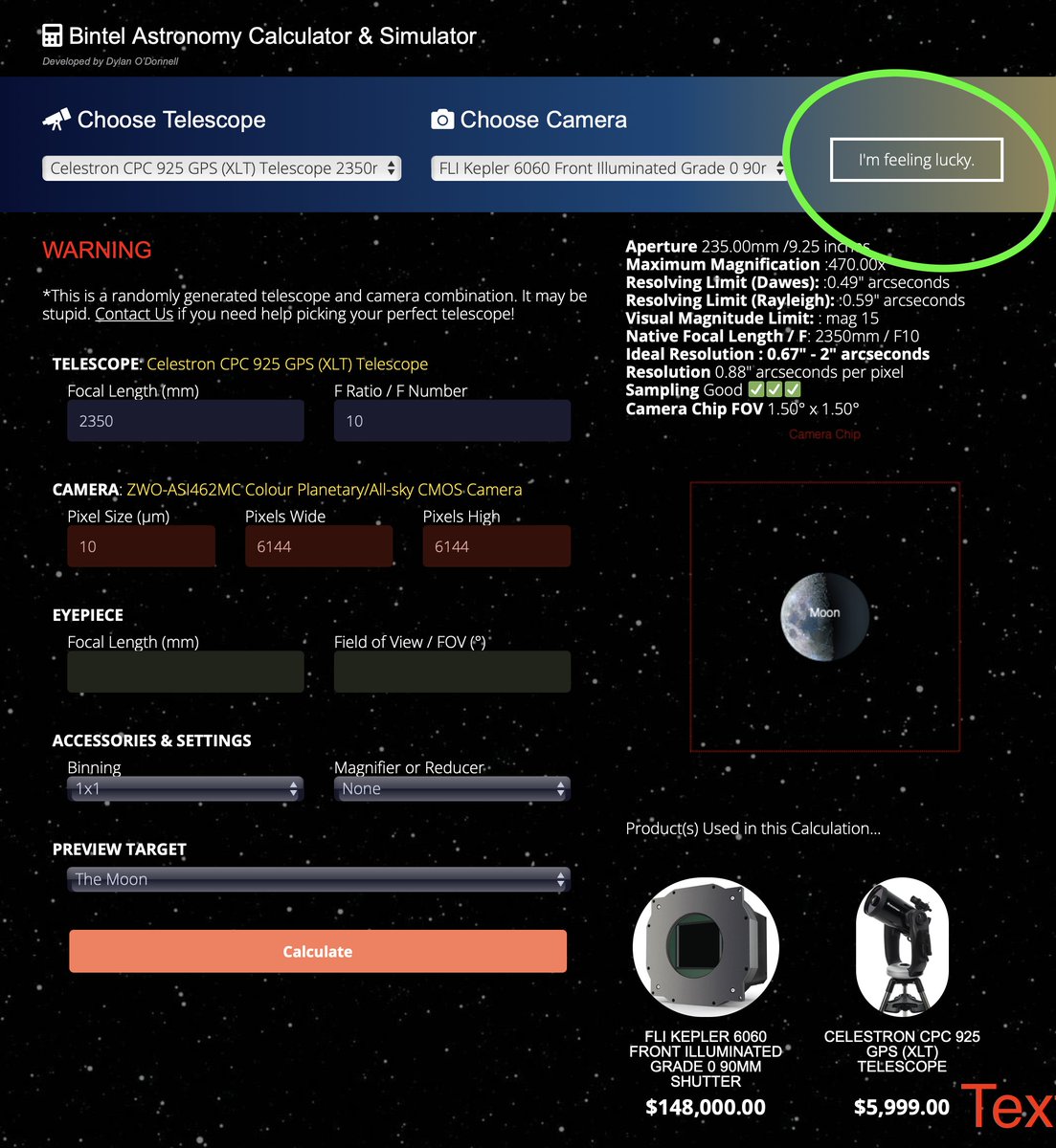 I've just upgraded the @BintelShop Astrophotography Calculator with an I'M FEELING LUCKY button which will generate and simulate a completely random telescope and camera combination for you.😂 bintel.com.au/tools/astronom…