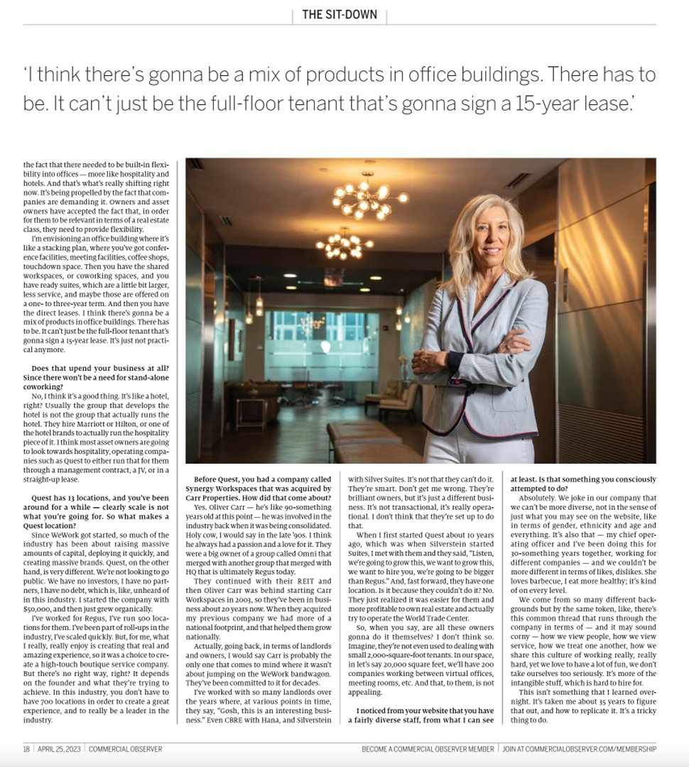 Questworkspaces's tweet photo. A BIG thank you to the Commercial Observer for this wonderful cover story! We are overjoyed and grateful to be able to share this accomplishment with our amazing team and the coworking industry as a whole! https://t.co/iVGTsHpUoy