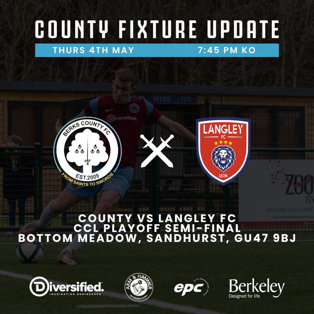 berkscountyfc's tweet photo. Here we go then. Nothing like a last minute drama!

🏆 @ComCoFL Playoff Semi-Final
🏟️ Bottom Meadow, Sandhurst, GU47 9BJ
🆚 @LangleyFC_ 
🗓 4th May 
⏰ KO 19:45
🎫 General Admission £7
📚 Programmes £3
📌 Pin Badges £3

@fiberkshire @WokinghamSport @BerksandBucksFA @NonLgeProgs https://t.co/f81H5qeLa3