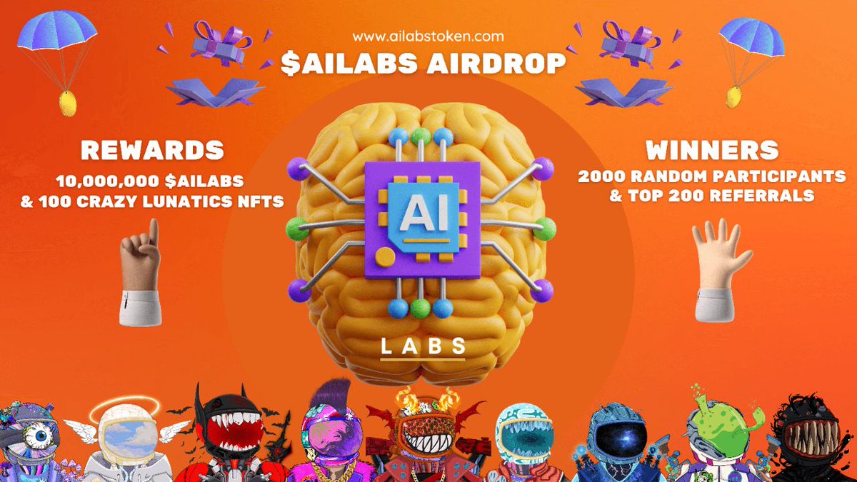 CryptoEarning17's tweet image. 📣  AI Labs Airdrop Event 

🎁 Total Airdrop Pool 10,000,000 $AILABS For 2000 Random participants and Top 200 Referals

To Enter:
✅ Follow @ailabstoken
✅ Like &amp;amp; RT Tag 3 Friends 
✅ Finish tasks
gleam.io/competitions/v…

#Airdrop #Crypto #AirdropCrypto #airdrops
