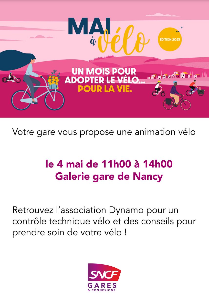 Les beaux jours reviennent🌸,c'est @mai_velo
! En #gare de @VilledeNancy,@ConnectGares
vous propose de contrôler votre vélo 🚴! L'asso Dynamo vous donnera des conseils pour prendre soin de votre 🚲
➡️jeudi 4 mai de 11h à 14h
 
@regiongrandest @NancyTourisme