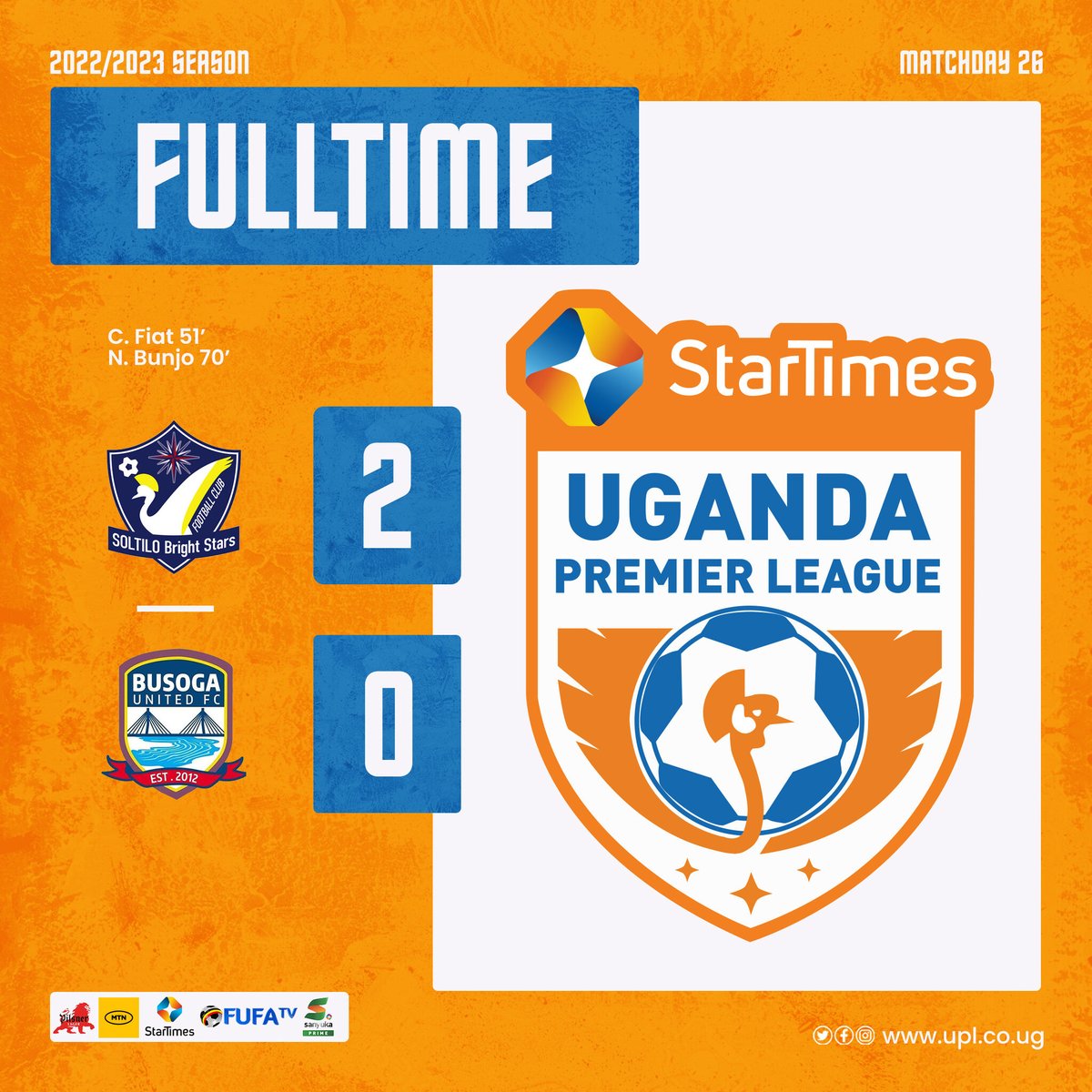 UPL's tweet photo. FULLTIME! โฐ
Soltilo Bright Stars FC 2-0 Busoga United FC
โญ Pilsner Man of the Match โ Noordin Saddic Bunjo (Soltilo Bright Stars FC)
#StarTimesUPL | #SBSBUS https://t.co/dBXEeQor4g