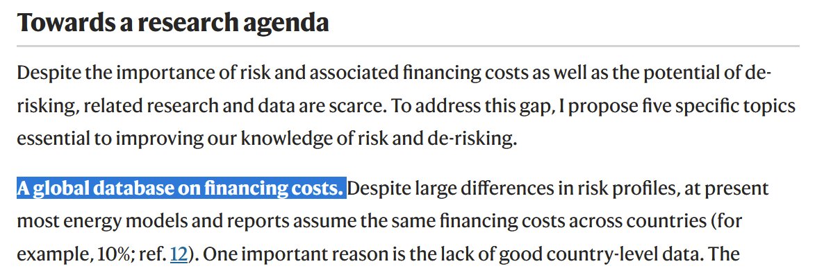 Great to see this online! Co-authored by our very own @floegli. Proposed exactly this about 10 years ago in a @NatureClimate paper on de-risking low-carbon investment (see screenshot). rdcu.be/dbgAo Now pls use this data #energytwitter! how to? doi.org/10.1016/j.joul…