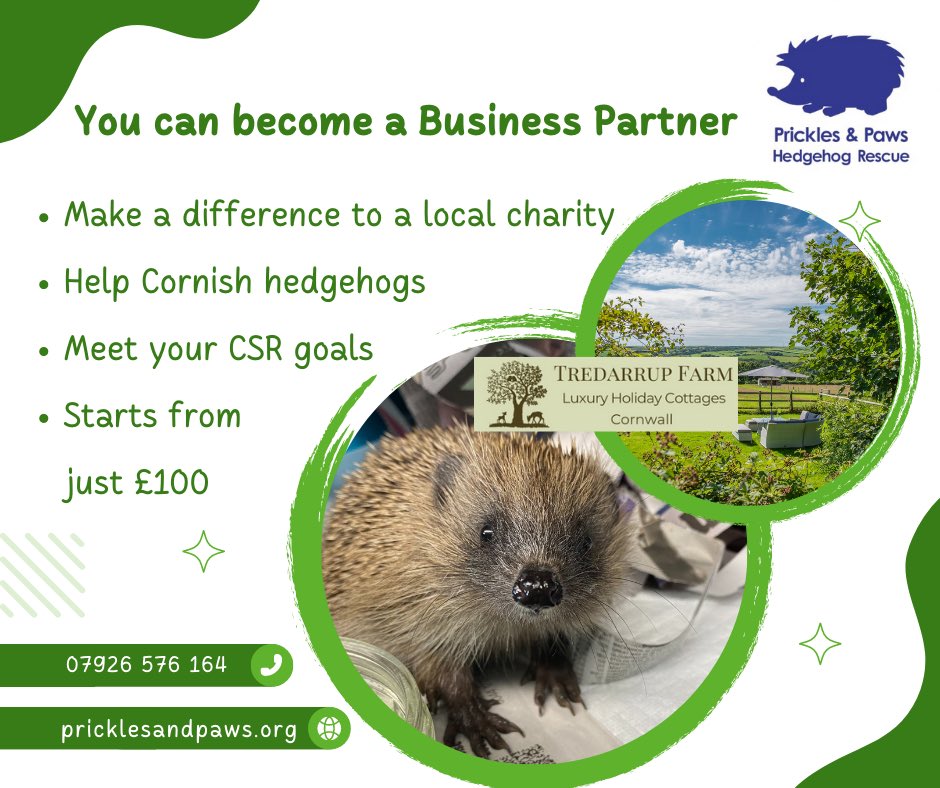 Prickles_Paws's tweet image. We are delighted to welcome a new corporate partner, @tredarrupkernow based in North Cornwall with their eco-friendly holiday cottages 🏠🦔🐾

Why not partner with us this #hedgehogawarenessweek? Our corporate partnerships are flexible and affordable,starting at just £100!
