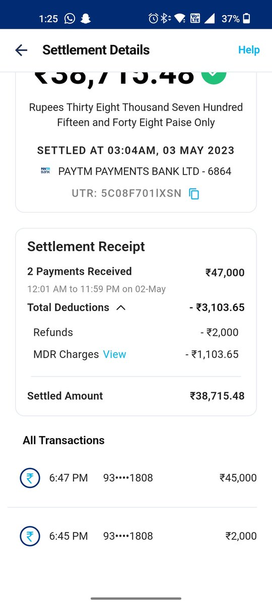 SachinRawal03's tweet image. This is my settlement transaction Paytm deducted extra amount stating that MDR for my previous transaction wer due tat too without any notification and also the scam is they didn't mention on which amt they levied MDR charges ..#Paytm #paytmscam #paytmsupport #paytmwalachorhai
