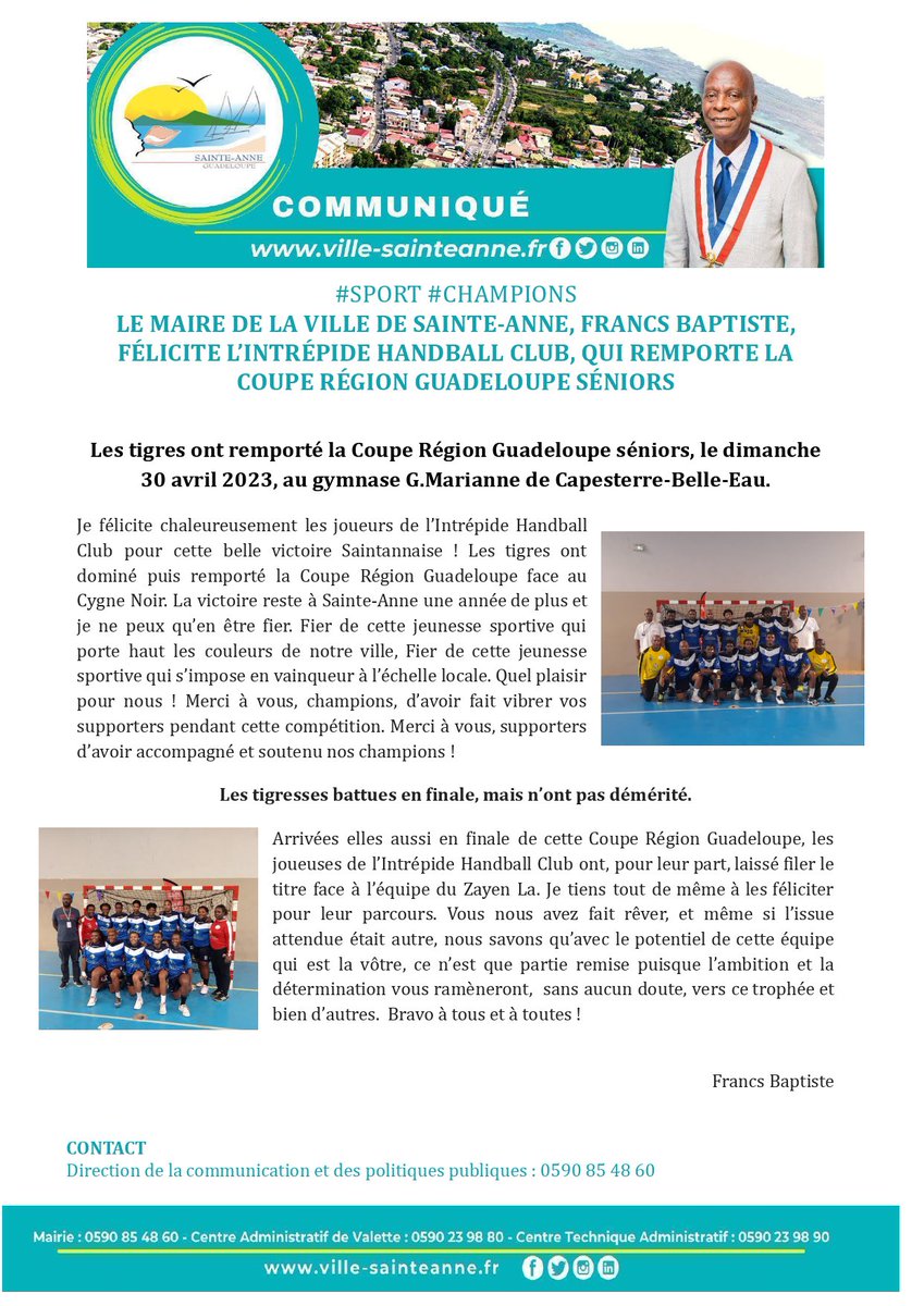 VilleSainteAnne's tweet photo. #Sport #Champions | Le Maire de la Ville de Sainte-Anne, Francs Baptiste, fรฉlicite lโIntrรฉpide Handball Club, qui remporte la Coupe Rรฉgion Guadeloupe Sรฉniors
#SainteAnne #Sentann #VilleSportive https://t.co/ghFxLleIOb