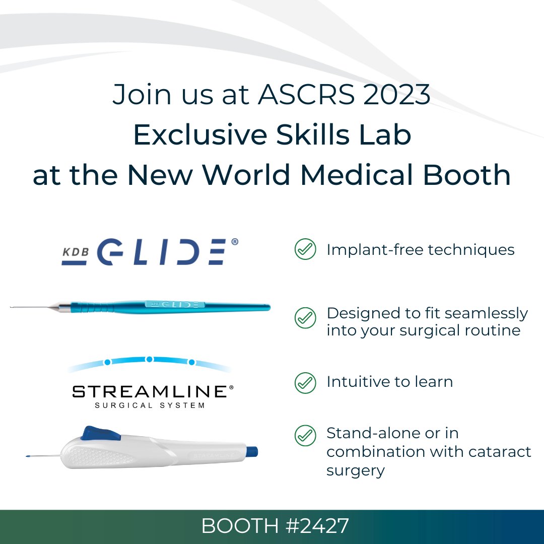 NWM_Inc's tweet photo. Attending #ASCRS2023? Schedule time to get hands on experience with the STREAMLINE® Surgical System or KDB GLIDE® at the New World Medical Booth #2427.
Contact your Surgical Sales Consultant to schedule your hands on experience.
#LOYBWB #STREAMLINE #KDBGLIDE #NewWorldMedical https://t.co/HSXbNFqwPF