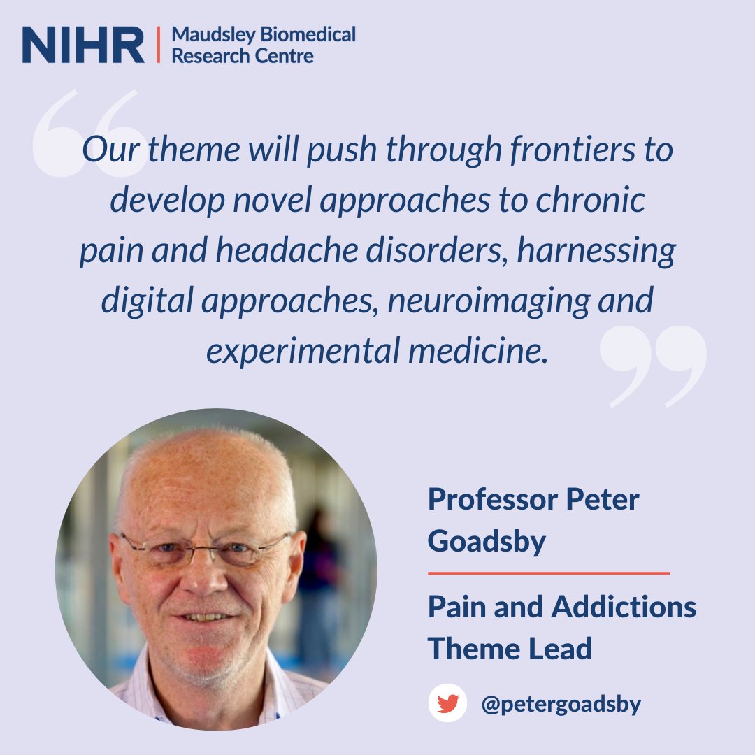 NIHR Maudsley Biomedical Research Centre (BRC) (@nihrmaudsleybrc) on Twitter photo Professor @PeterGoadsby, who leads the theme, explains our vision for chronic pain and headache research and treatment...
He is also Professor of Neurology <a href="/KingsIoPPN/">Institute of Psychiatry, Psychology & Neuroscience</a>, and Director <a href="/KingsCRF/">King's CRF</a> Professor @PeterGoadsby, who leads the theme, explains our vision for chronic pain and headache research and treatment...
He is also Professor of Neurology <a href="/KingsIoPPN/">Institute of Psychiatry, Psychology & Neuroscience</a>, and Director <a href="/KingsCRF/">King's CRF</a>