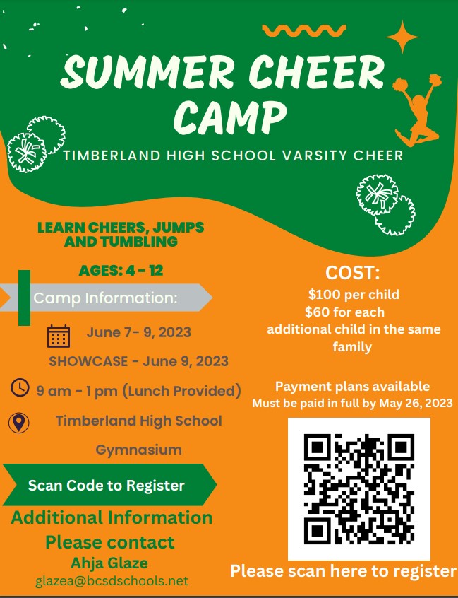 Timberland Wolves (@timberlandhs) on Twitter photo Attention parents with children ages 4 -12! the THS Varsity Cheerleader Camp will be held on June 7th - 9th! Attention parents with children ages 4 -12! the THS Varsity Cheerleader Camp will be held on June 7th - 9th!