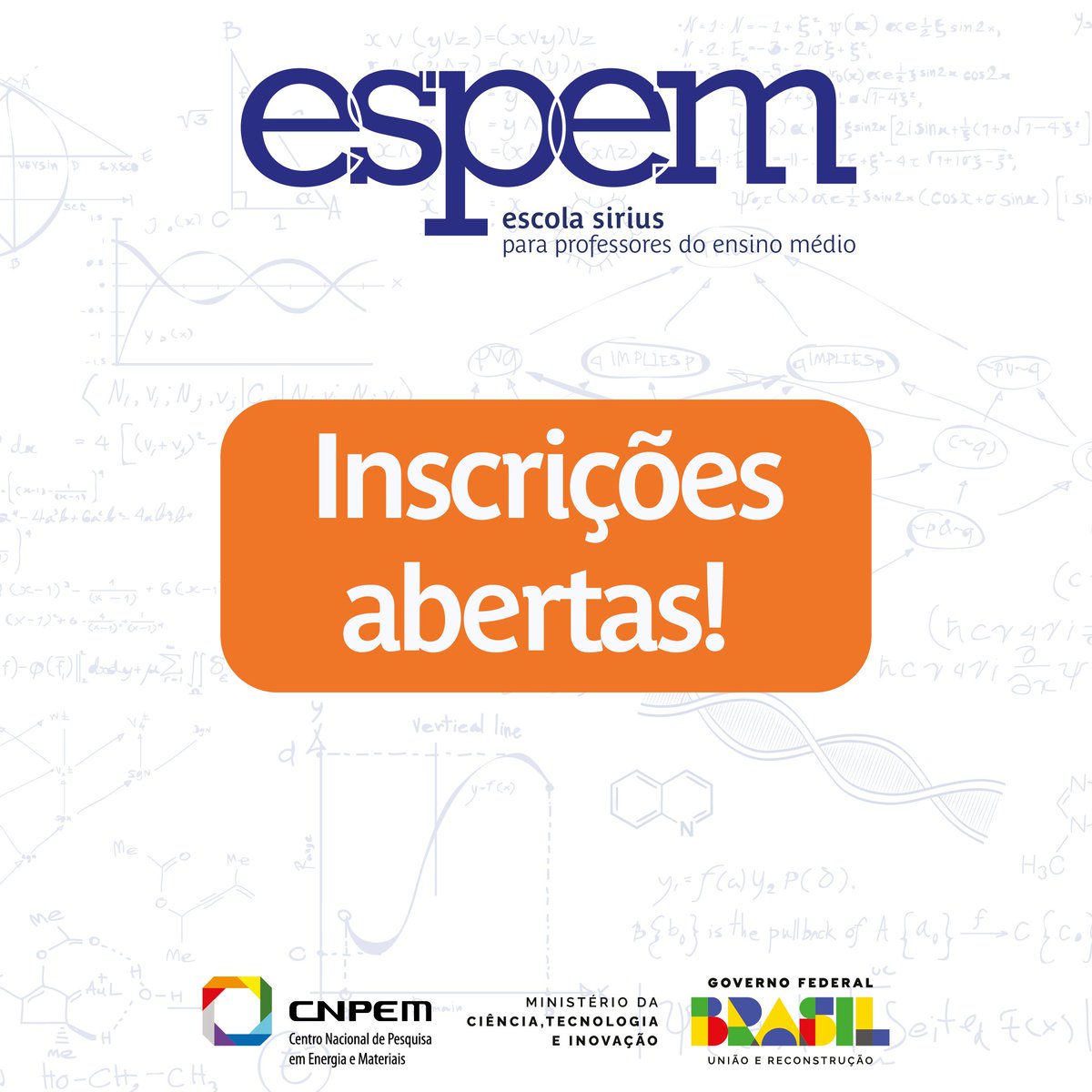 CNPEM's tweet photo. 📢Inscrições abertas para ESPEM 2023, que acontece de 17-21 de julho promovida pelo @CNPEM, organização social @MCTI, em parceria com a @sbfisica.

📅 Professores de #fisica #quimica #biologia podem se inscrever até 21/5
https://t.co/iFxaKoCimE 

#EnsinoMedio #CienciaBrasileira https://t.co/zr161z0LuG