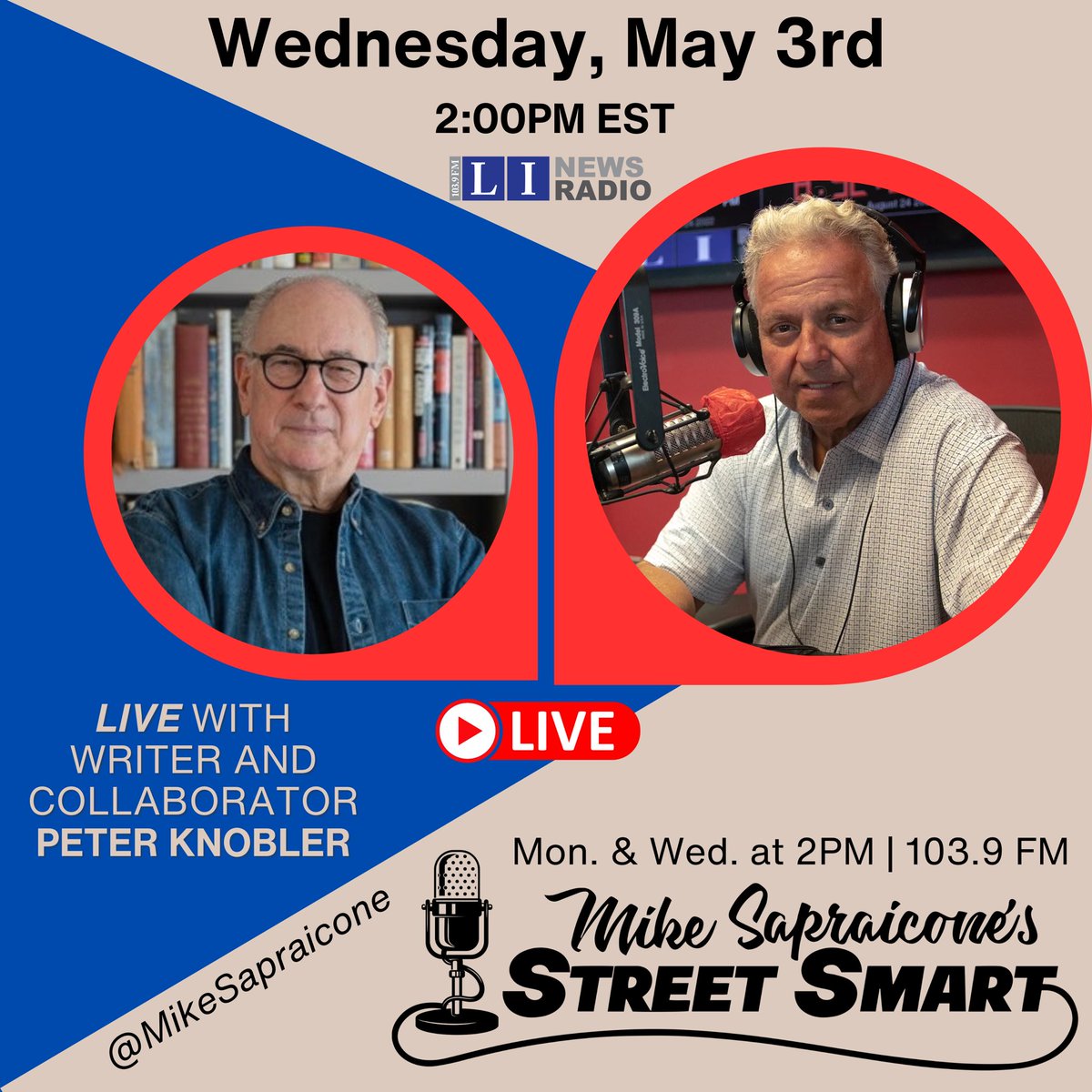 My guest today has written books with Bill Bratton, Kareem Abdul-Jabbar, David Dinkins, and Tommy Hilfiger to name a few. The interesting stories must be endless.

Tune in live to <a href="/linewsradio/">LI News Radio</a> at 2pm to join the conversation with Peter Knobler on Mike Sapraicone’s Street Smart!