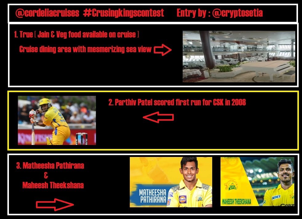 cryptosetia's tweet image. Answers for #CrusingKingsContest

1. True (Jain &amp;amp; veg food is available on board)
2.Parthiv Patel (wicket keeper batsmen scored first run)
3. Maheesh Theekshana and Matheesha Pathirana 

@thesweetmasi
@babyboss0786 
@CryptoDemonKing

Finger scossed to win this dream cruise trip