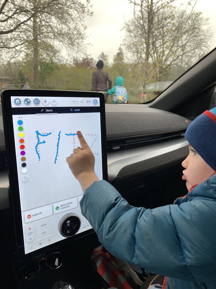 cestach's tweet photo. Practicing our letters in the @Ford  Mach-e while waiting in the school drop off line! #WeAreFord https://t.co/lFtKsPbhDZ