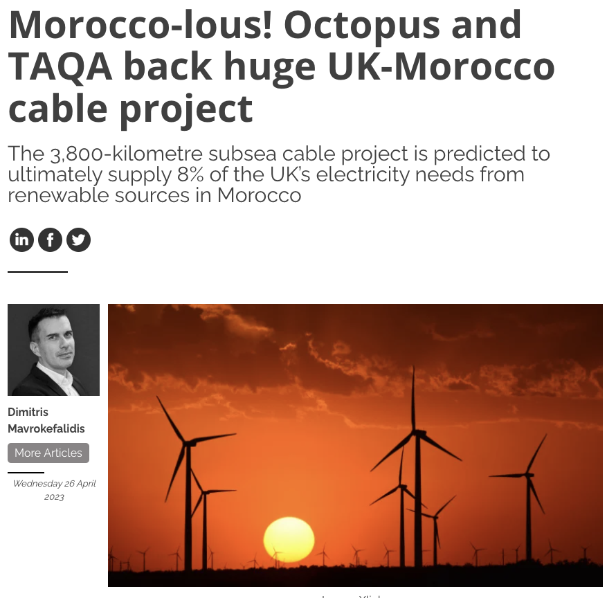 By 2030, the world’s longest undersea cable will connect a massive Moroccan solar and wind farm to the UK: it'll bring enough clean power for 7 million homes, 20 hrs a day.  

Proud to support this game-changing project with <a href="/TAQAGroup/">TAQA</a> ☀️ @xlinks_uk   energylivenews.com/2023/04/26/mor…