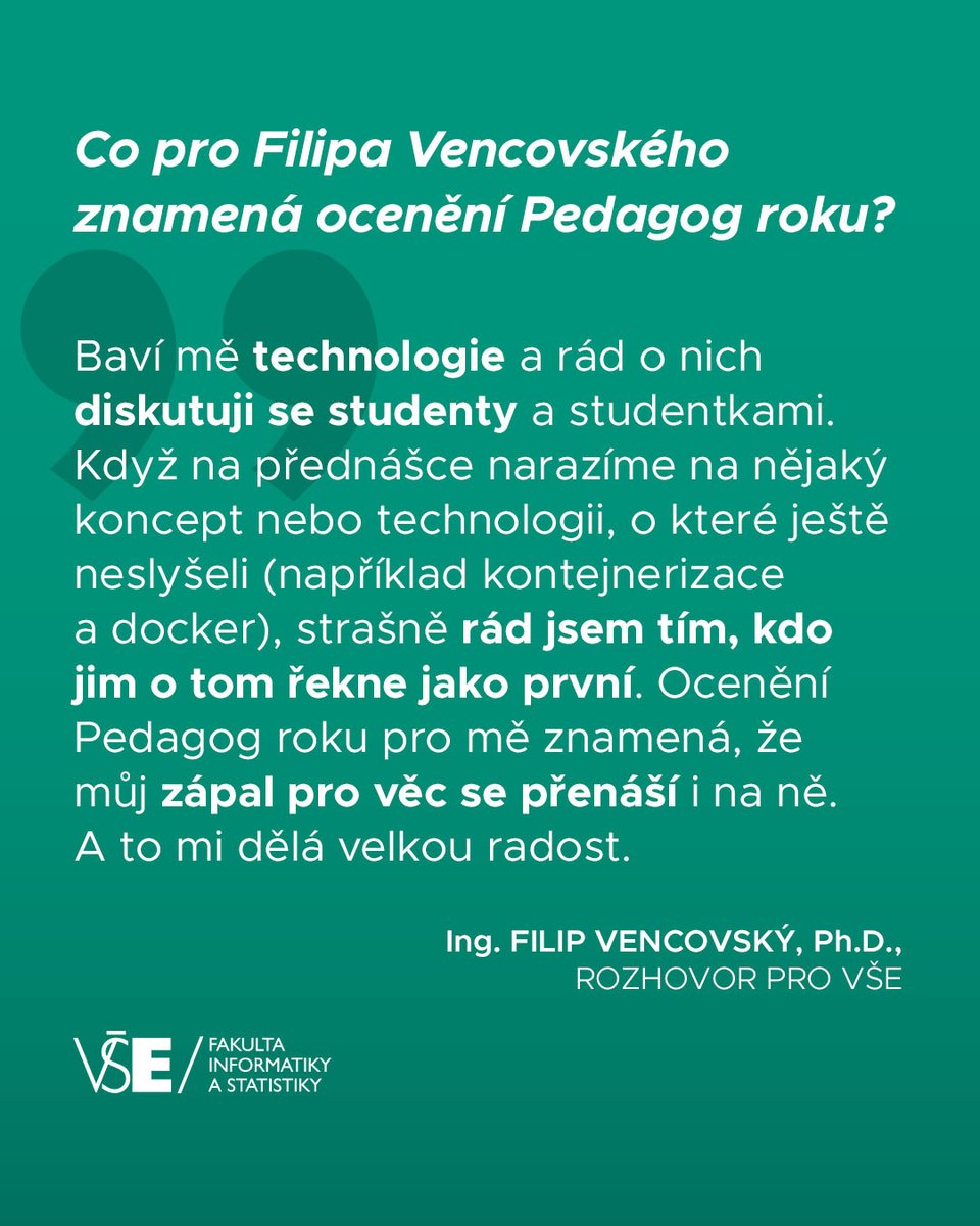 V březnu vyhlásil rektor nejlepší pedagogy VŠE roku 2022. Za FIS získal ocenění Pedagog roku Filip Vencovský, a to již podruhé – letos se mu tak podařilo obhájit titul z roku 2020 🙌 
Celý rozhovor najdete na LinkedIn VŠE.