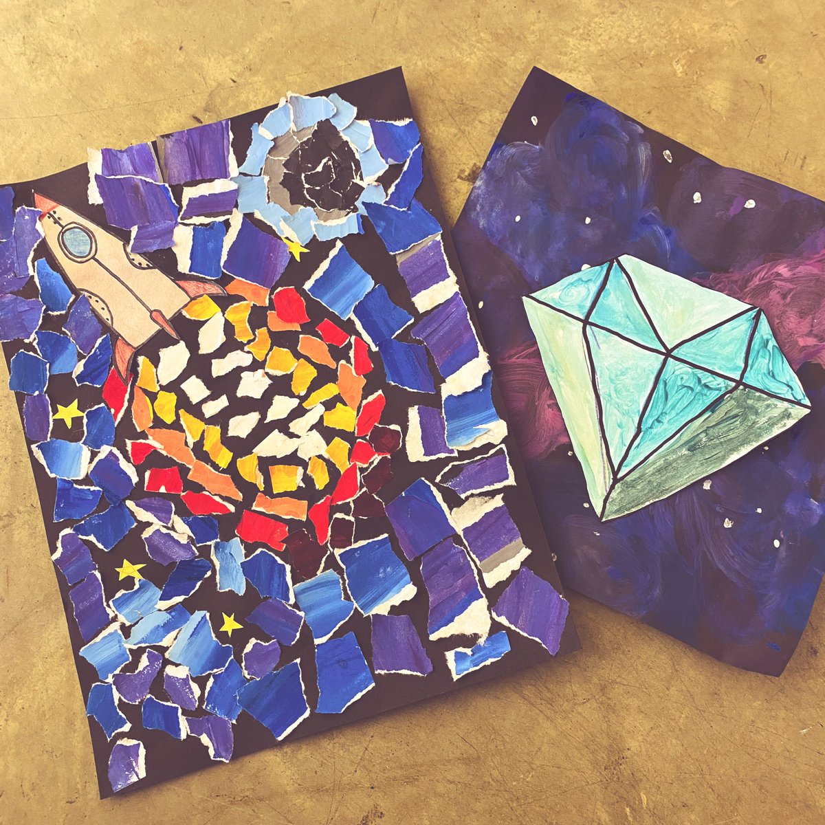 These projects are out of this world! 5th grade collages and 3 grade galaxy diamonds!