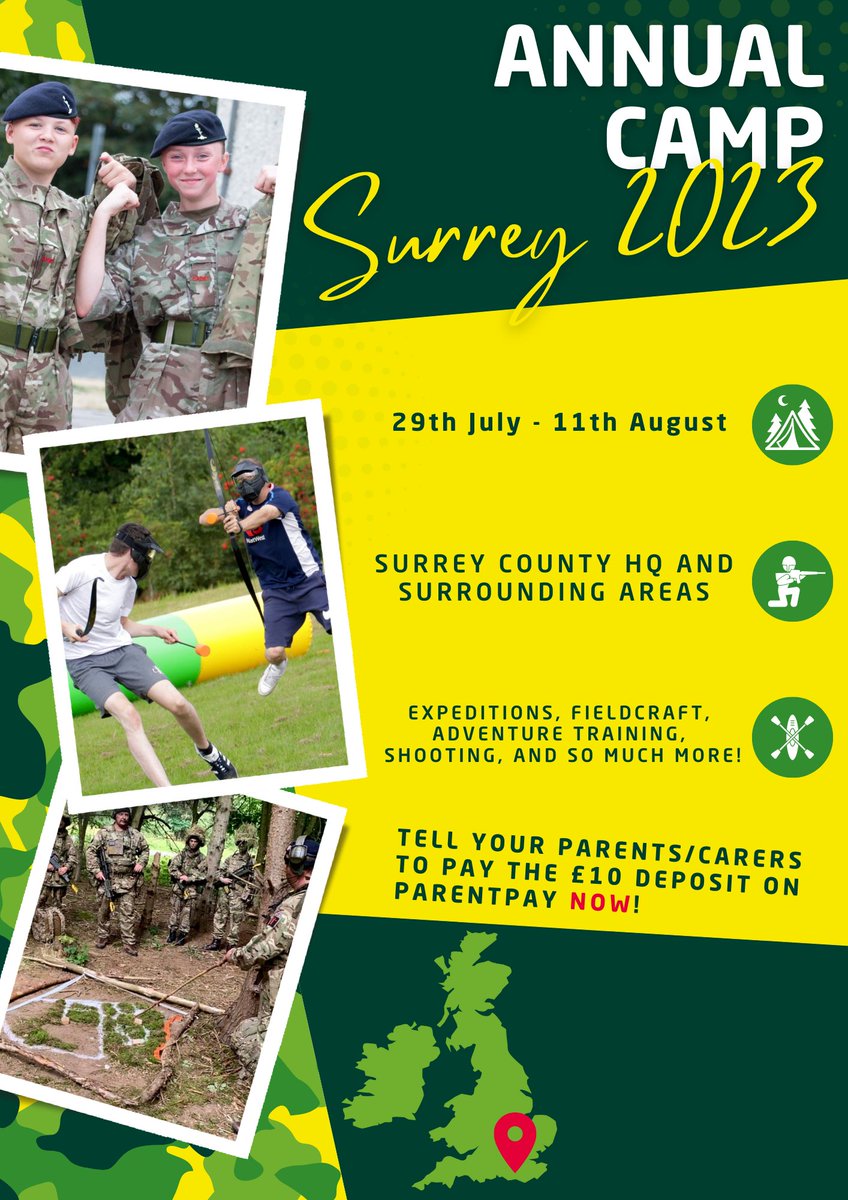 Surrey Annual Camp 2023 is just around the corner.

Spaces are now limited, so please ensure you pay your £10 deposit as soon as possible to guarantee a space.

Don't miss out, you'll regret it!

#armycadets #armycadetsuk #mtp #youth #fiercepride #serfca #toinspiretoachieve