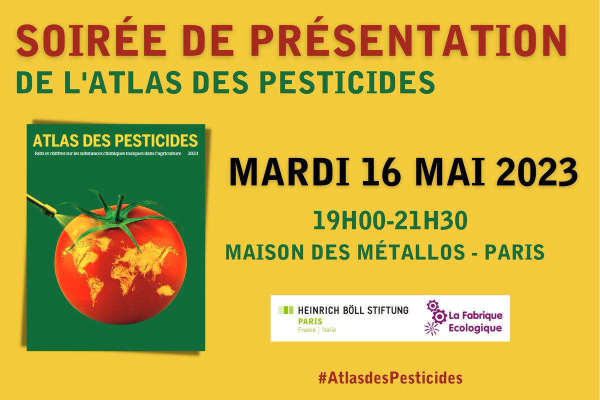 🚨La Fabrique Ecologique, en partenariat avec @boell_fr_it, vous invite à la soirée de présentation de l'Atlas des Pesticides

RDV le 16 mai 2023, de 19h00 à 21h30 à la <a href="/MaisonMetallos/">Maison des Métallos</a> à Paris.🍃