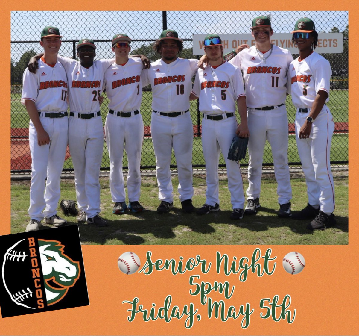 Senior night at The Farm is this Friday, May 5th at 5 pm. We would love to see a big crowd come out to celebrate these seven amazing seniors! 🟢🟠⚾️ #SeniorNight2023