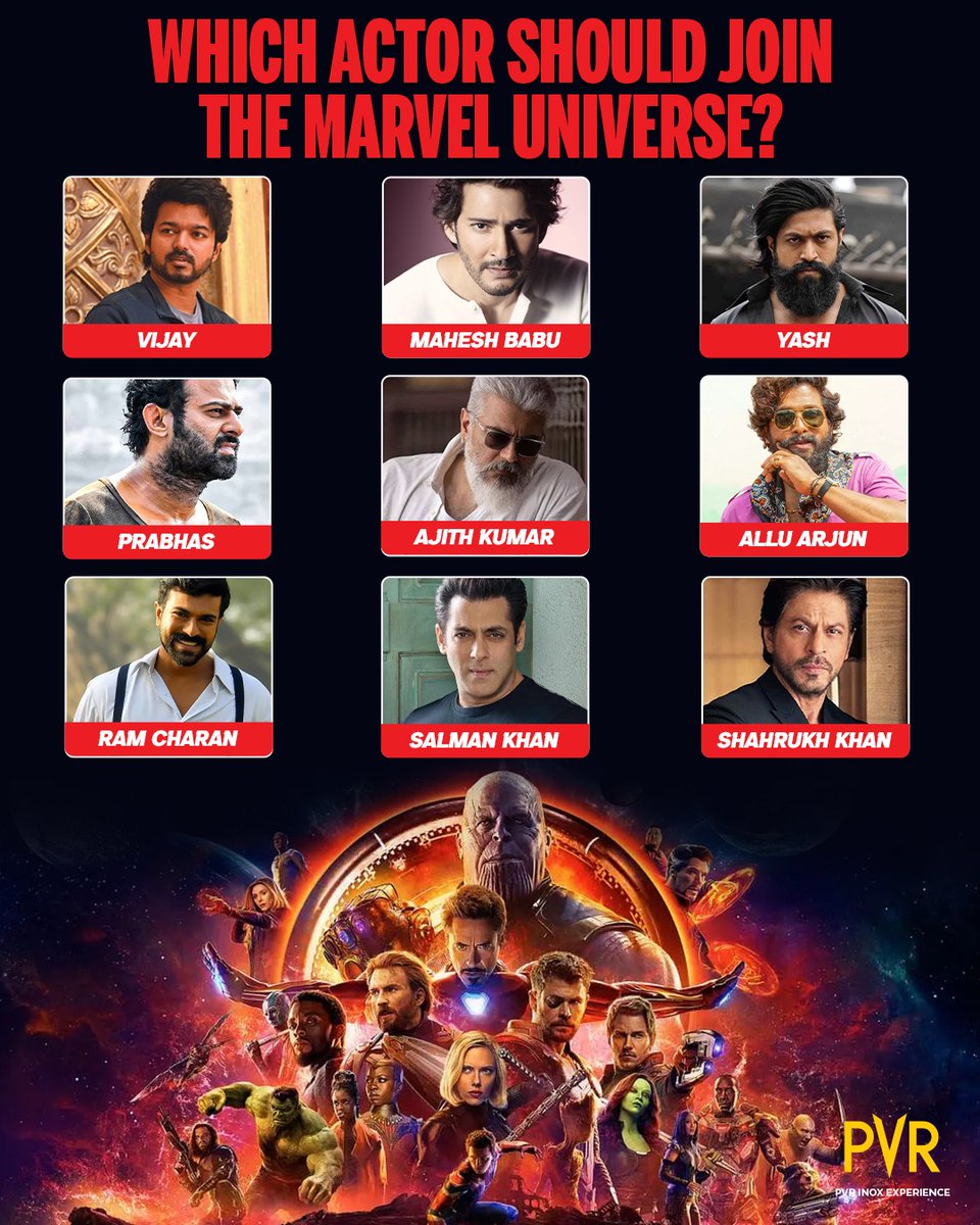 _PVRCinemas's tweet photo. All these actors are super talented and have their own charm, but if you were to pick one of them to join the Marvel universe, who would you choose? Comment and let us know.
.
.
.
#Vijay #MaheshBabu #Yash #AjithKumar #Prabhas #AlluArjun #RamCharan #SalmanKhan #ShahRukhKhan #MarvelUniverse #Marvel #MCU