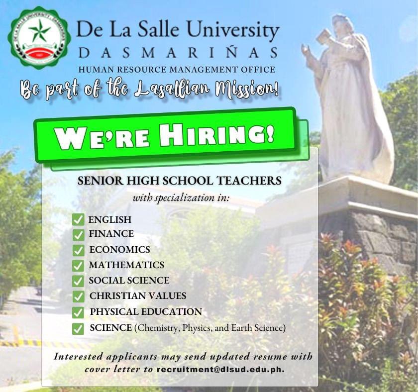 Be part of the Animo Family! 💚💚
Apply now! 

#Hiring
#TeachingJob 
#DLSUD
#BasicEducation
#PossibilitiesBeginHere