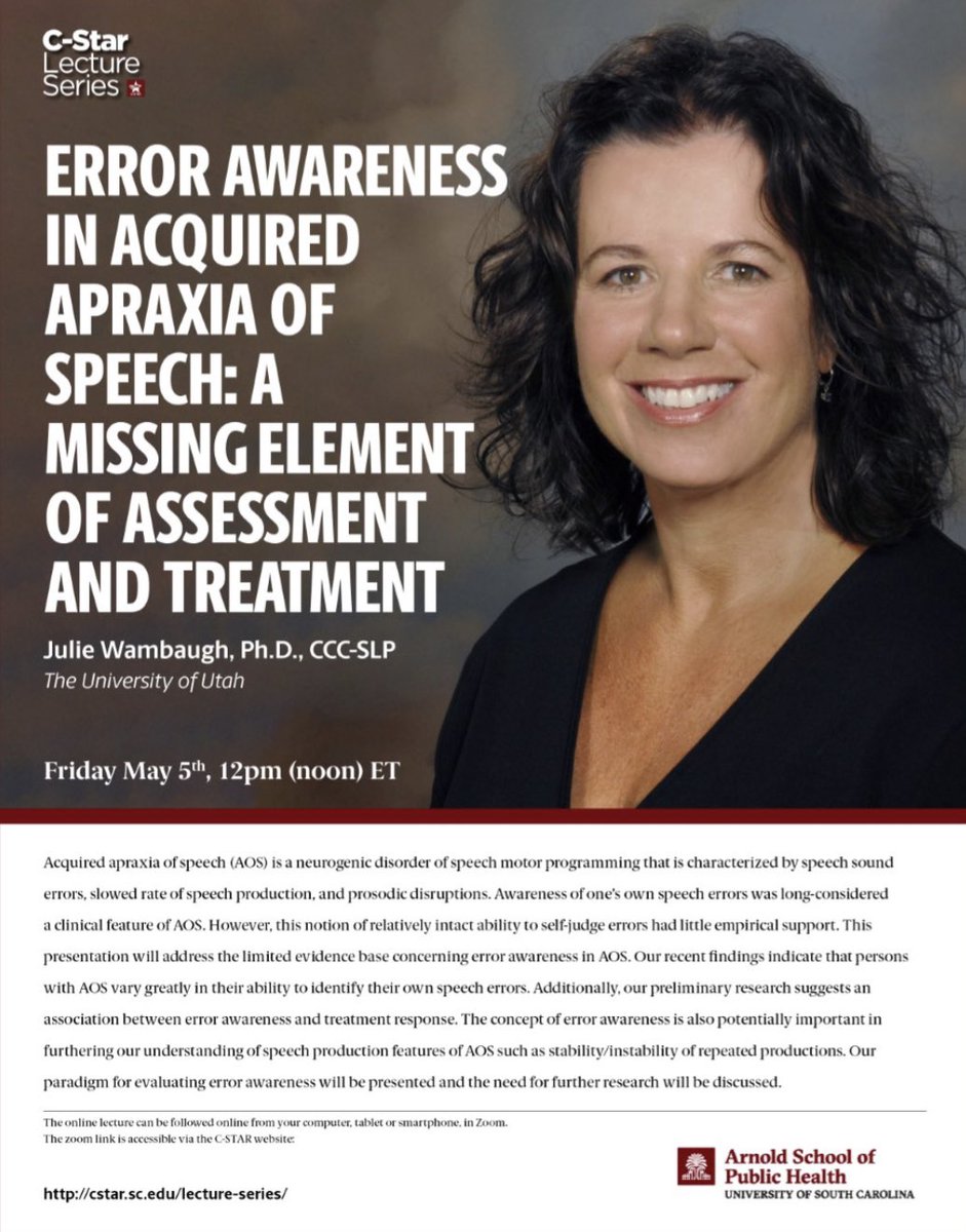 lisajohnsnorris's tweet photo. Make sure to tune in to our upcoming CSTAR lecture this Friday at 12EST! We will be visited by Julie Wambaugh to hear about error awareness in acquired AOS. 

You can access them lecture link here:
https://t.co/SCFYuWkDXs https://t.co/CNEOYA7U3E