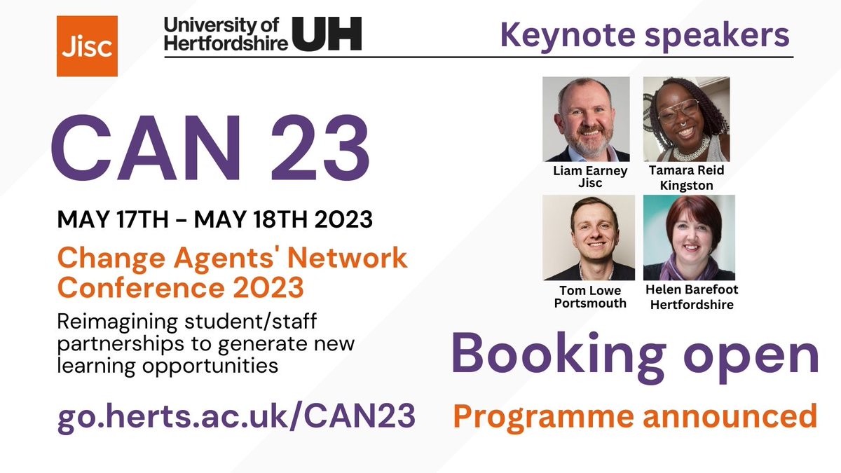 The <a href="/Jisc/">Jisc</a> Change Agents' Network conference 17-18 May, 2023 <a href="/CANagogy/">Change Agent Network</a> hosted <a href="/UniofHerts/">University of Hertfordshire</a> has a very full &amp; exciting programme. Special prices for student attendees. For more info and booking: go.herts.ac.uk/CAN23 #CAN23 #conference #studentPartnership