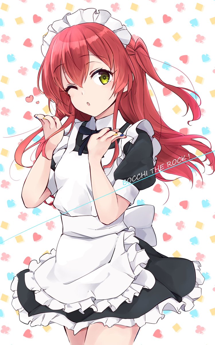 1girl one eye closed solo red hair long hair apron maid  illustration images