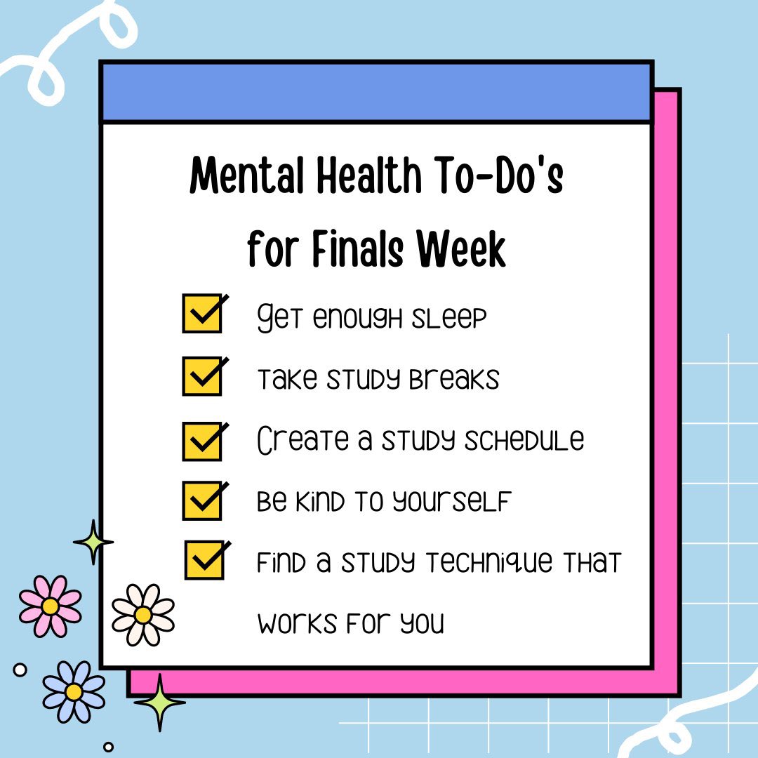 It’s that time of the year, finals season!📝 Here are some reminders to take care of your mental and physical well-being as we all enter this stressful time of year! You got this 🙌 #mentalhealthawarenessmonth