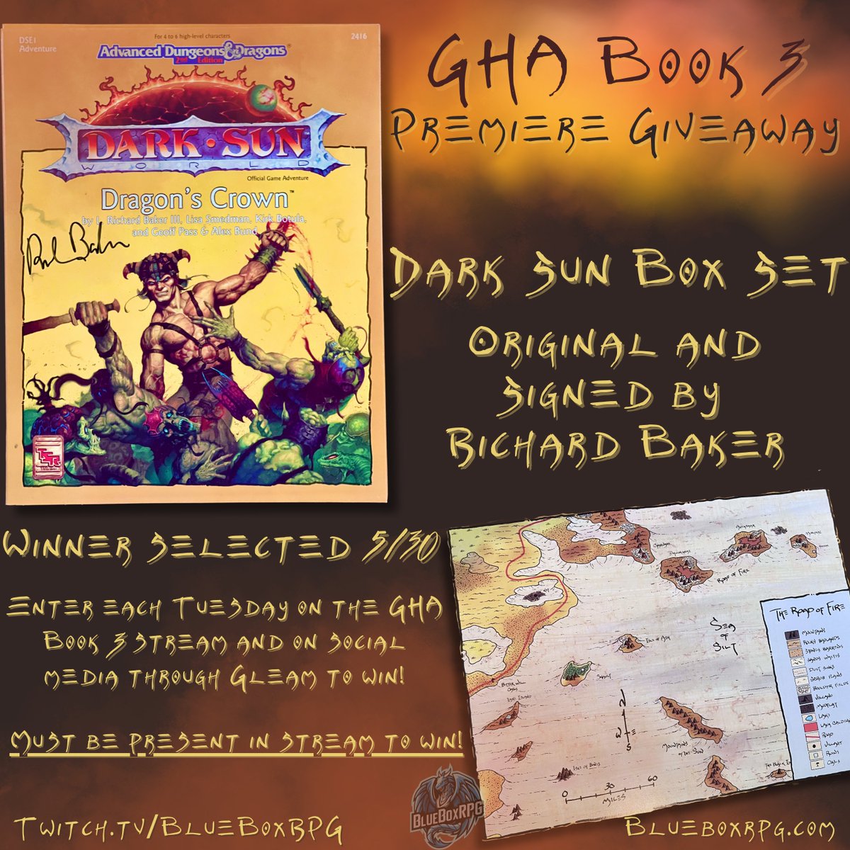 ***GIVEAWAY***
With the Launch of our new and exciting Book 3: Sea of Dark Sun we have and incredible give away that will be drawn on May 30th! Enter to win! Details in Description!
twitch.tv/blueboxrpg