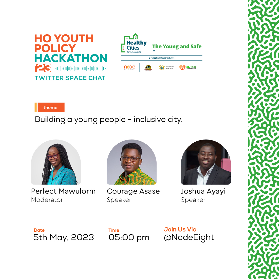 NodeEight's tweet photo. Join us live on #Twitterspace to discuss the exciting policy outcomes of the #HoYouthPolicyHackathon.

Set a reminder https://t.co/YNSBnAPuBx

Discover the innovative solutions developed by young people to address social issues in Ho &amp; explore ways to make it inclusive &amp; youth fr https://t.co/B0rXyHgW2a