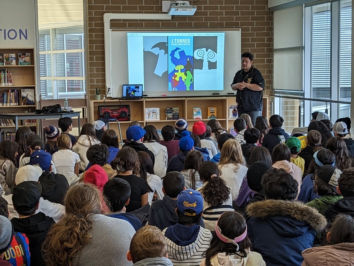 We're lucky to have J. Torres @jtorrescomics, Filipino Canadian author, here at Alton Village today talking to our Gr 6's about his work. He is a renowned graphic novelist and comic book writer who focuses on "historical fiction". Pretty cool stuff! 📖👍🏻