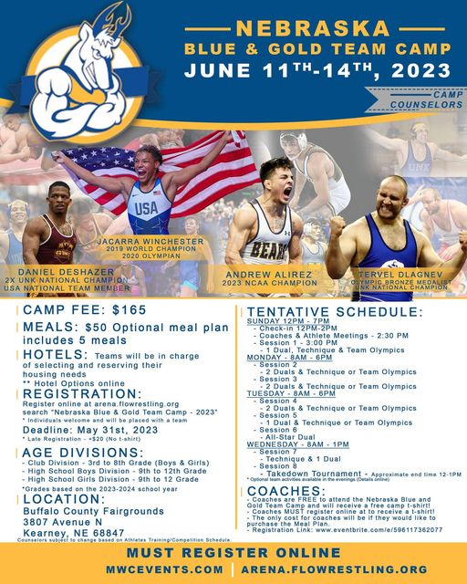 We are three weeks out from the registration deadline for the Nebraska Blue & Gold Team Camp! Be sure to get registered before it's too late! events.flowrestling.org/event/ac711c34…