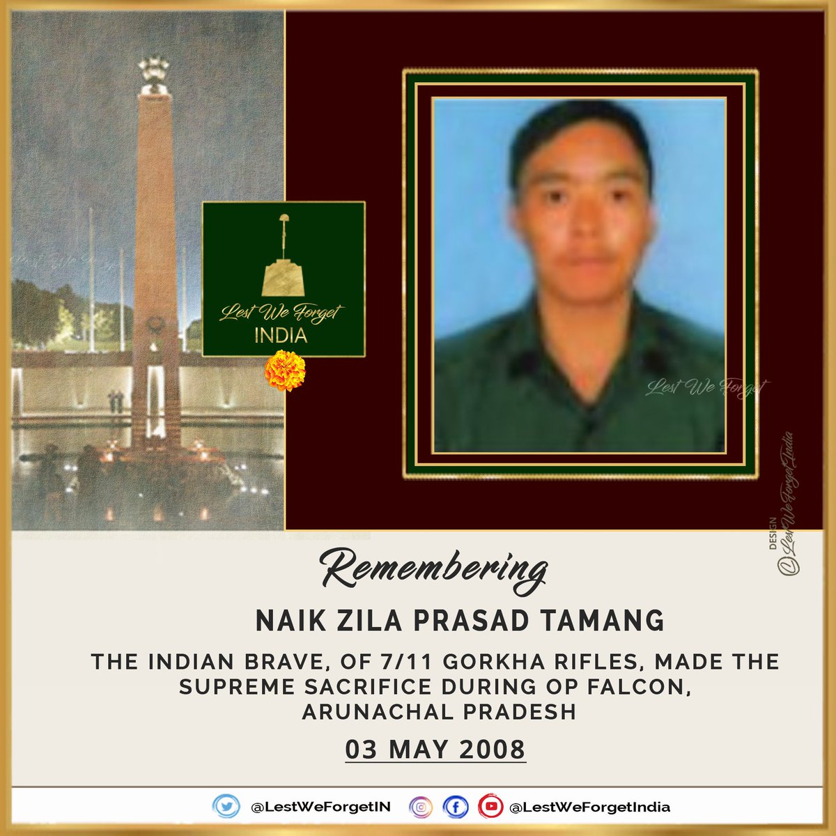 LestWeForgetIN's tweet photo. #LestWeForgetIndia🇮🇳 Naik Zila Prasad Tamang, 7/11 #GorkhaRifles fell in the line of duty during #OpFalcon in Arunachal Pradesh, #OnThisDay 03 May in 2008 

Remember the service and supreme sacrifice of the #IndianBrave part of the @easterncomd