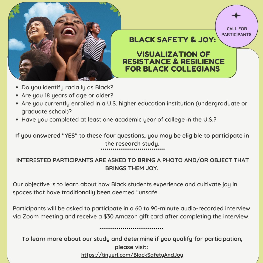 My research team and I are recruiting undergraduate and graduate students (including those in professional degree programs) for a study exploring Black Safety and Joy on college campuses. ✨

Interested students can find more information here:
tinyurl.com/BlackSafetyAnd…