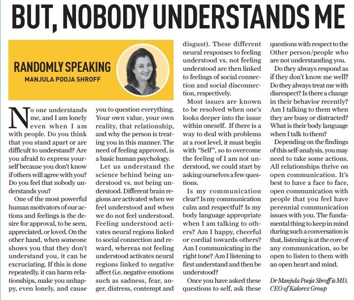 Manjula_Pooja's tweet photo. Happy to share today's article in the Daily Guardian "But Nobody Understands Me".
If you like SHROFFism thoughts, click the link below for our courses. Some of them are completely free.
https://t.co/yblKNWzmhF
#DailyGuardian #Shroffism #manjulapoojashroff #MPS #kalorex https://t.co/sNO8uYsoNN