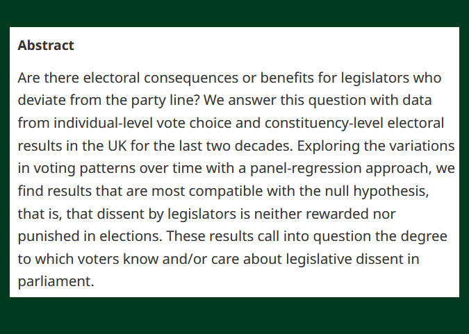 From our latest issue - Legislator Dissent Does Not Affect Electoral Outcomes - cup.org/44lkY1J - @philipjcowley & @ResulUmit