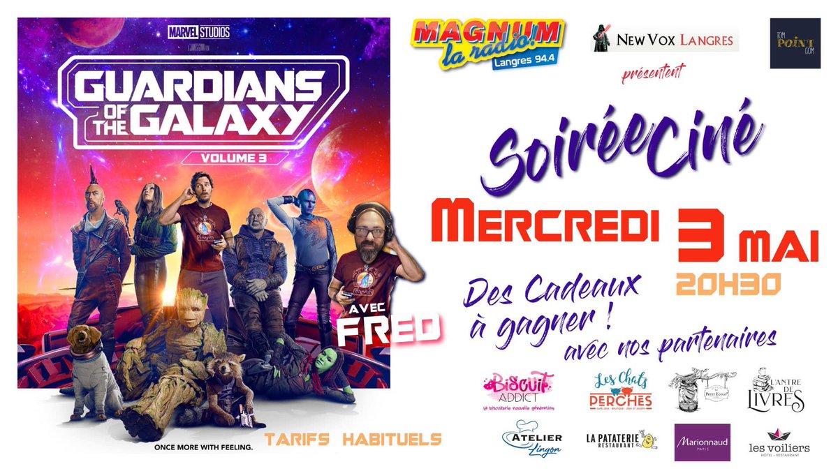 🎞 [ Soirée Ciné ] le retour ! 🎞

<a href="/FredoRadio88/">Fred</a> de <a href="/magnumlaradio/">Magnum la Radio</a> avec Lionel et l'équipe du Newvox Langres vous donnent rendez-vous MERCREDI 3 MAI - 20h30 pour une nouvelle Soirée Ciné : Gardiens de la Galaxie vol.3 😉

#ciné #GardiensdelaGalaxieVol3 #langres
