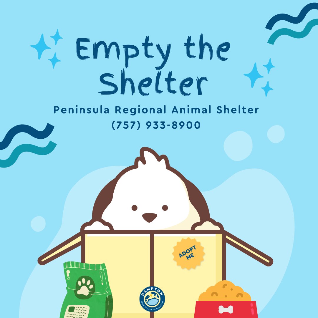 cityofhampton's tweet photo. Peninsula Regional Animal Shelter, which services Hampton and other localities, is participating in an 'Empty the Shelter' promotion. Fees are waived on large adult dogs. Cats can be adopted for $20. The promotion runs to May 15. For more information, call 757-933-8900. https://t.co/1e9a2MSaQy