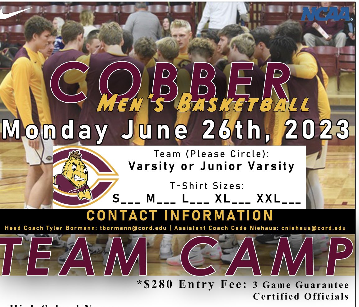 Our Cobber Team Camp is filling fast, but a few spots still remain open for our June 26th camp. 
*Certified Officials…T-Shirt for all participants. 

Don’t hesitate to reach out to our staff if interested to hold your team’s spot for that day. #CobberWay
