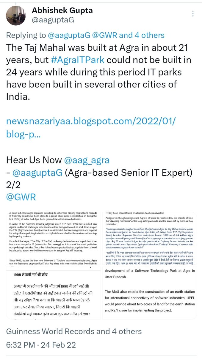 aaguptaG's tweet photo. @aag_agra @AstroArbind @STPIAgra @Outlookindia @thewire_in @thewirehindi @sidhant @GoI_MeitY @nasscom @IITKanpur @iitdelhi @iitroorkee_ @IIML @IIM_Bangalore @iitg @iitbombay @iitkharagpur @patrickc @elonmusk @DrAMSinghvi @EduMinOfIndia @HindustanTimes @Swamy39 @htTweets @HTTech @Live_Hindustan @narendramodi @AHindinews @ShyamMeeraSingh @74_alok @SCJudgments @IndiaToday @FollowCII @nasscom_product @dite_up @RNTata2000 @sundarpichai @paraga @ArvindKrishna @DPIITGoI Will #AgraITPark/#STPIAgra taking more time to begin than the Taj Mahal at #Agra be a Guinness World Record @GWR or The 8th Wonder of The World?
https://t.co/cl24yiWBEk

@Amitguptaias @OfficeOfDMAgra @dite_up @AshwiniVaishnaw @Rajeev_GoI @GoI_MeitY @PMOIndia
@ElonMusk
@ChatGPTBot https://t.co/yRWckMiKMy