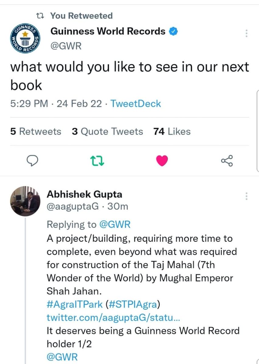 aaguptaG's tweet photo. @aag_agra @AstroArbind @STPIAgra @Outlookindia @thewire_in @thewirehindi @sidhant @GoI_MeitY @nasscom @IITKanpur @iitdelhi @iitroorkee_ @IIML @IIM_Bangalore @iitg @iitbombay @iitkharagpur @patrickc @elonmusk @DrAMSinghvi @EduMinOfIndia @HindustanTimes @Swamy39 @htTweets @HTTech @Live_Hindustan @narendramodi @AHindinews @ShyamMeeraSingh @74_alok @SCJudgments @IndiaToday @FollowCII @nasscom_product @dite_up @RNTata2000 @sundarpichai @paraga @ArvindKrishna @DPIITGoI Will #AgraITPark/#STPIAgra taking more time to begin than the Taj Mahal at #Agra be a Guinness World Record @GWR or The 8th Wonder of The World?
https://t.co/cl24yiWBEk

@Amitguptaias @OfficeOfDMAgra @dite_up @AshwiniVaishnaw @Rajeev_GoI @GoI_MeitY @PMOIndia
@ElonMusk
@ChatGPTBot https://t.co/yRWckMiKMy