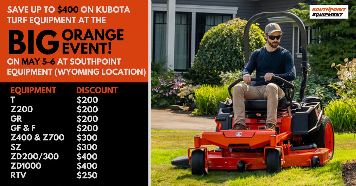 The BIG ORANGE EVENT is just around the corner! Stop by our Wyoming store May 5-6 and save up to $400 on select <a href="/KubotaCanadaLtd/">Kubota Canada</a> turf equipment!