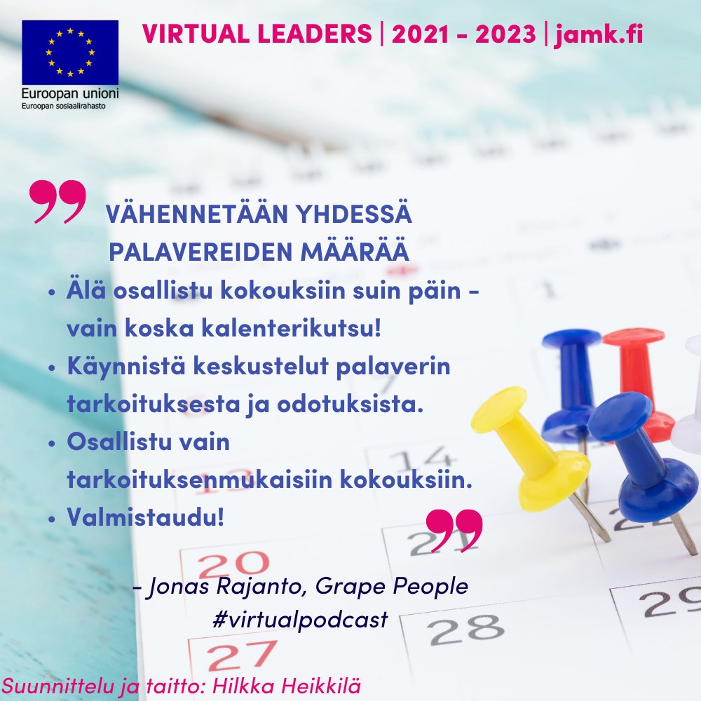 etevajohtaminen's tweet photo. #virtualpodcast vieraana Etäkokousmies @VirtualJonas

Vuorovaikutus etänä ei synny ilman tahtoa, taitoa, luottamusta. 
Auta ihmisiä luomaan yhteinen todellisuus ja jättämään tunnejälki. 

https://t.co/P91ZGsN3Bo

#VirtualLeaders #etäjohtaminen #hybridijohtaminen #työnilo @JAMK_fi https://t.co/JIPmlOf5R4