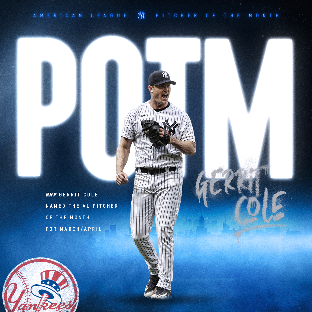 Yankees's tweet photo. Cole 45. 

Your American League Pitcher of the Month for March/April 🏆 https://t.co/aIe0YgGG6X