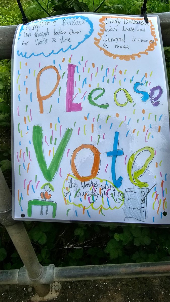 Inspiring from the kids of Timperley. These were hanging from the rails over the brook by Smith Fields. Using the spirit of Emmeline Pankhurst to encourage people to vote. It really is important. The polls open tomorrow - Thurs 4th May. Make your voice heard #LocalElections2023