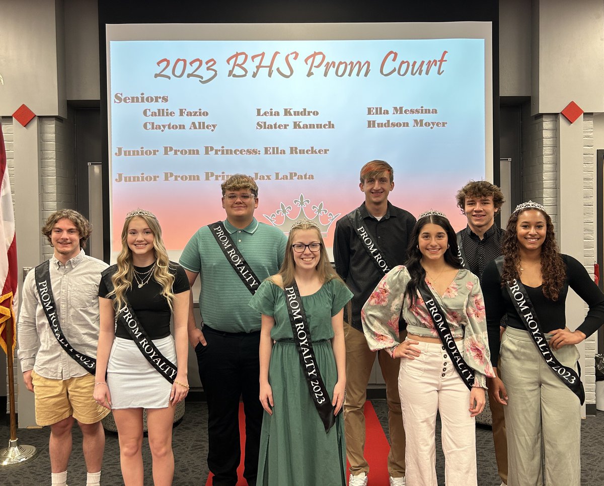 BHSRedmen's tweet photo. Congratulations to our 2023 Prom Court! 
(L-R): Clay Alley, Callie Fazio, Slater Kanuch, Leia Kudro, Hudson Moyer, Ella Messina, Jax LaPata (jr) , Ella Rucker (jr) #PromRoyalty https://t.co/E4g1EJtKCZ