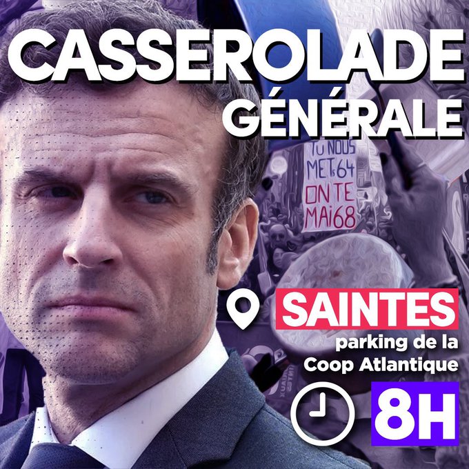 Demain à #Saintes en Charente-Maritime, on accueille comme il se doit #Macron et #PapNdiaye ! #CasseroladeGenerale 
#IntervilleDuZbeul 

Rendez-vous à 08h00 sur place ! 🥰🥳✊🎉✌️