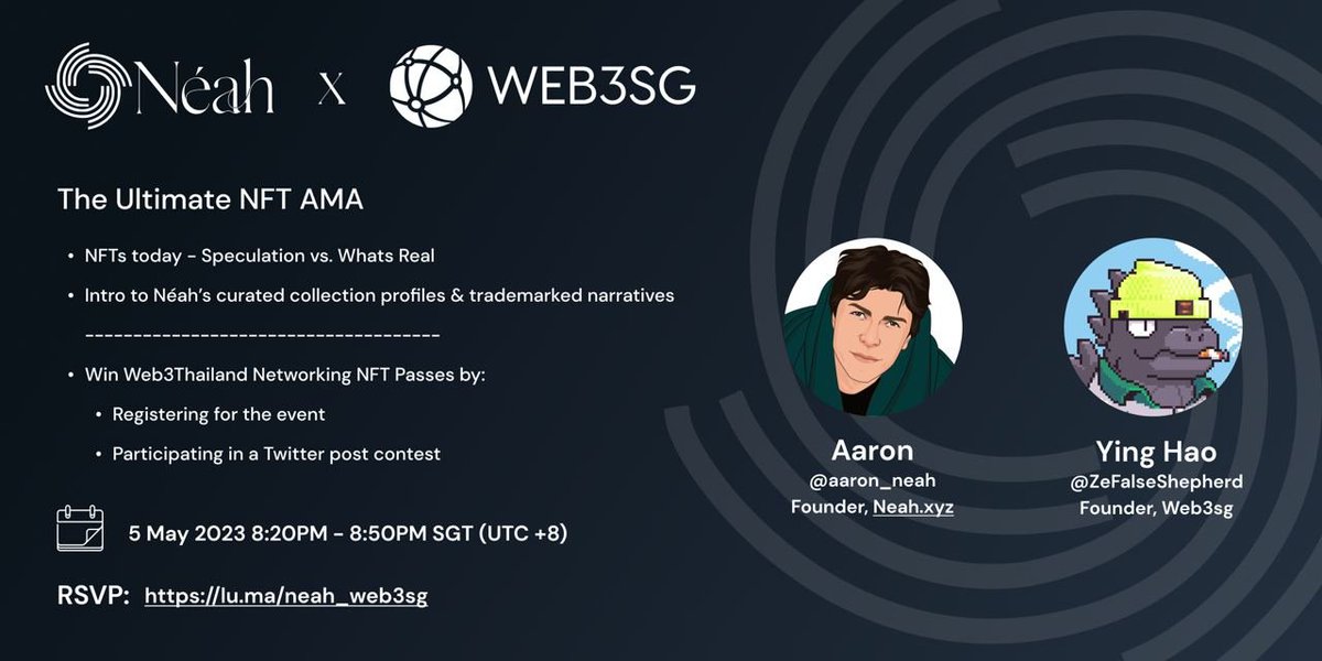 We are pleased to announce an AMA with <a href="/neahxyz/">Néah</a> where we will dive into:

1️⃣ The current state of the NFT market
2️⃣ How one can use Néah to discover, learn and make the best decisions

Register now @ lu.ma/neah_web3sg

@aaron_neah <a href="/ZeFalseShepherd/">jimmy#3744</a>

RT for GA for 1